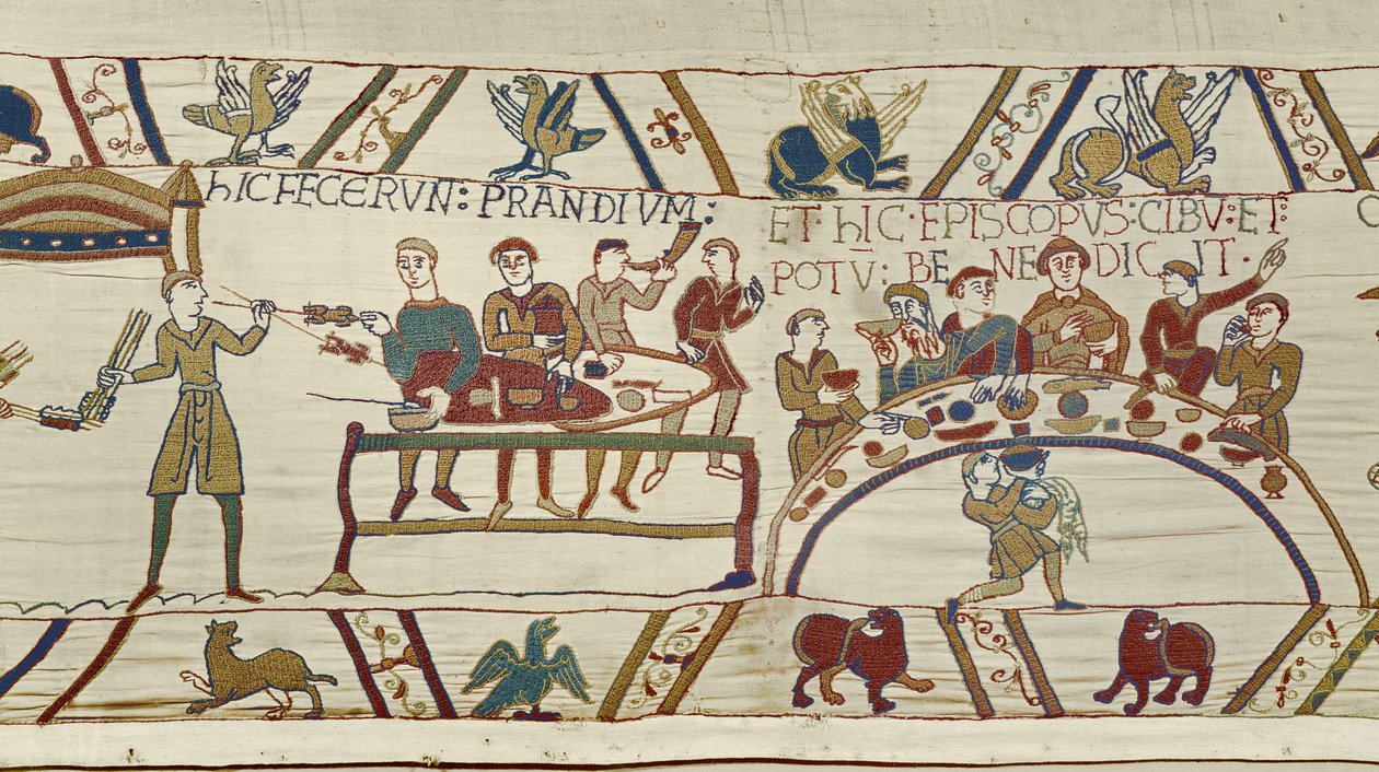 Norman servants prepare a banquet for William and Bishop Odo blesses the meal, Bayeux Tapestry by Unknown artist