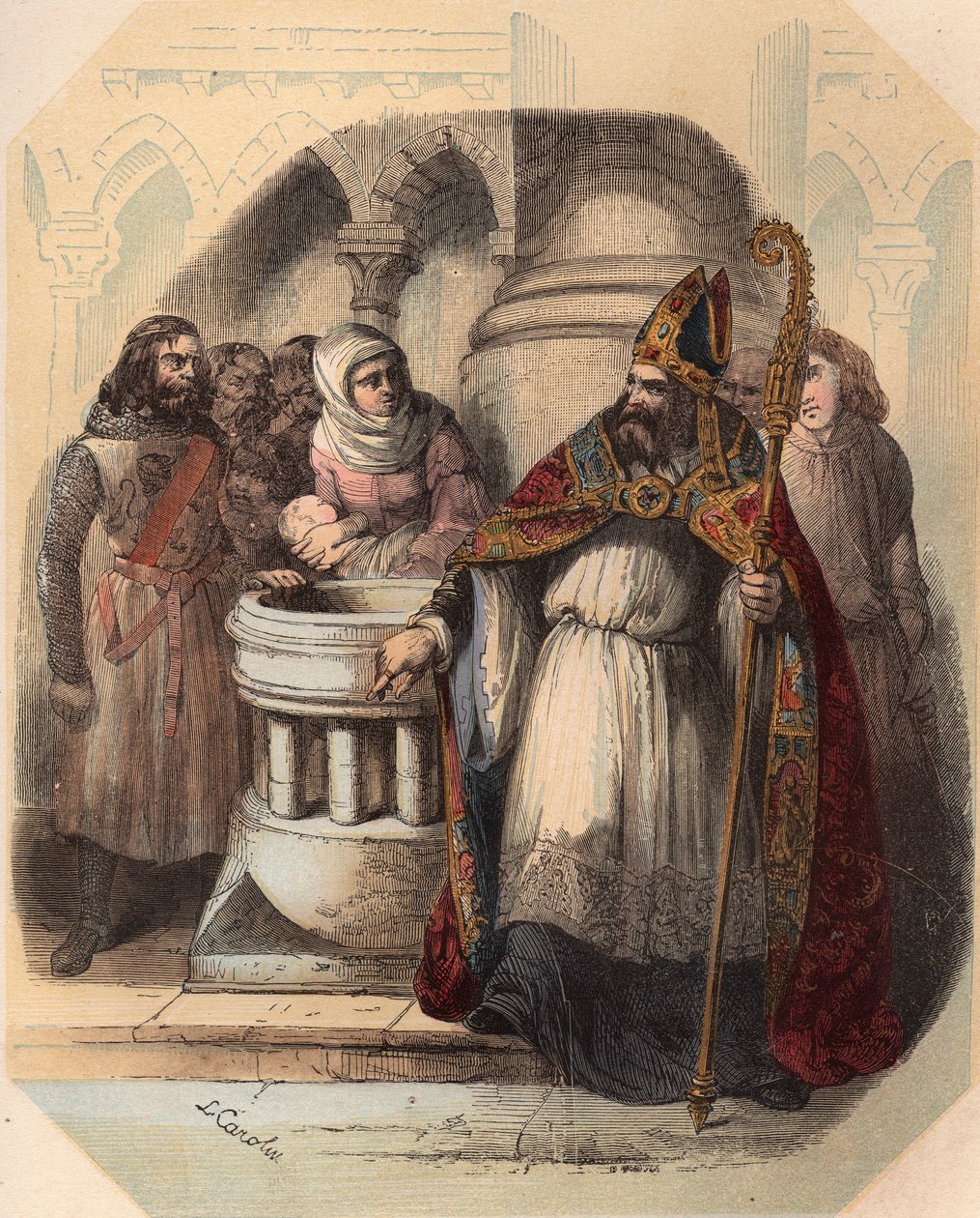 Notger, bishop of Liège, during the baptism of Otto III, King of Germany. Engraving from 1868 in 
