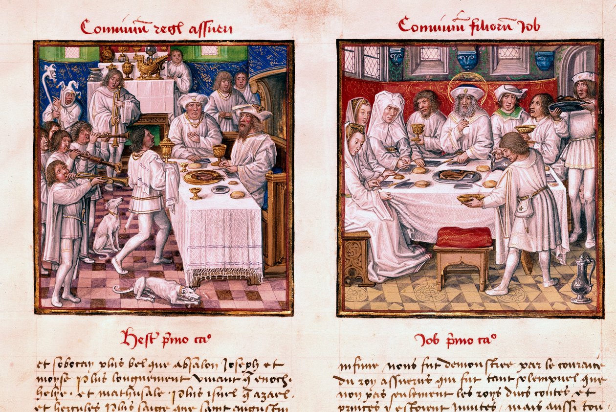 On the Left the Feast of Assuerus 1st (Xerxes 1st). On the Right, the Feast of the Children of Job by Unknown artist