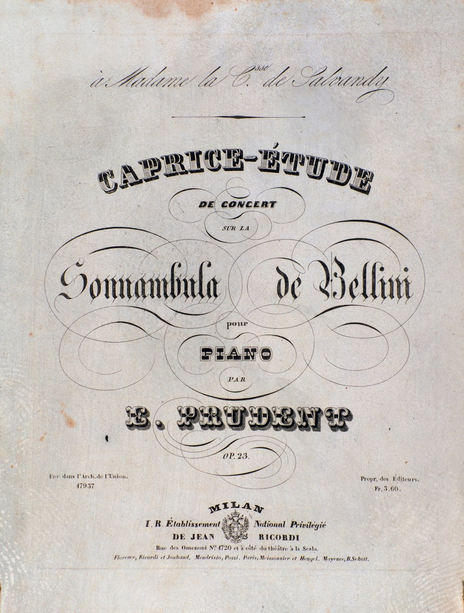 Page of the sheet music for a Caprice-study for piano by Emile Prudent based on La sonnambula by Vincenzo Bellini by Unknown artist