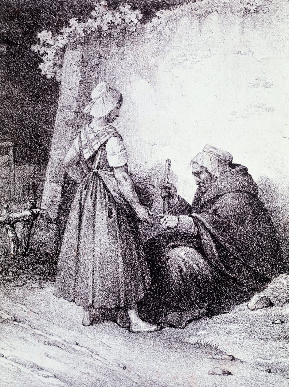 Palmistry: an old fortune teller reads the hand of a young girl by Unknown artist