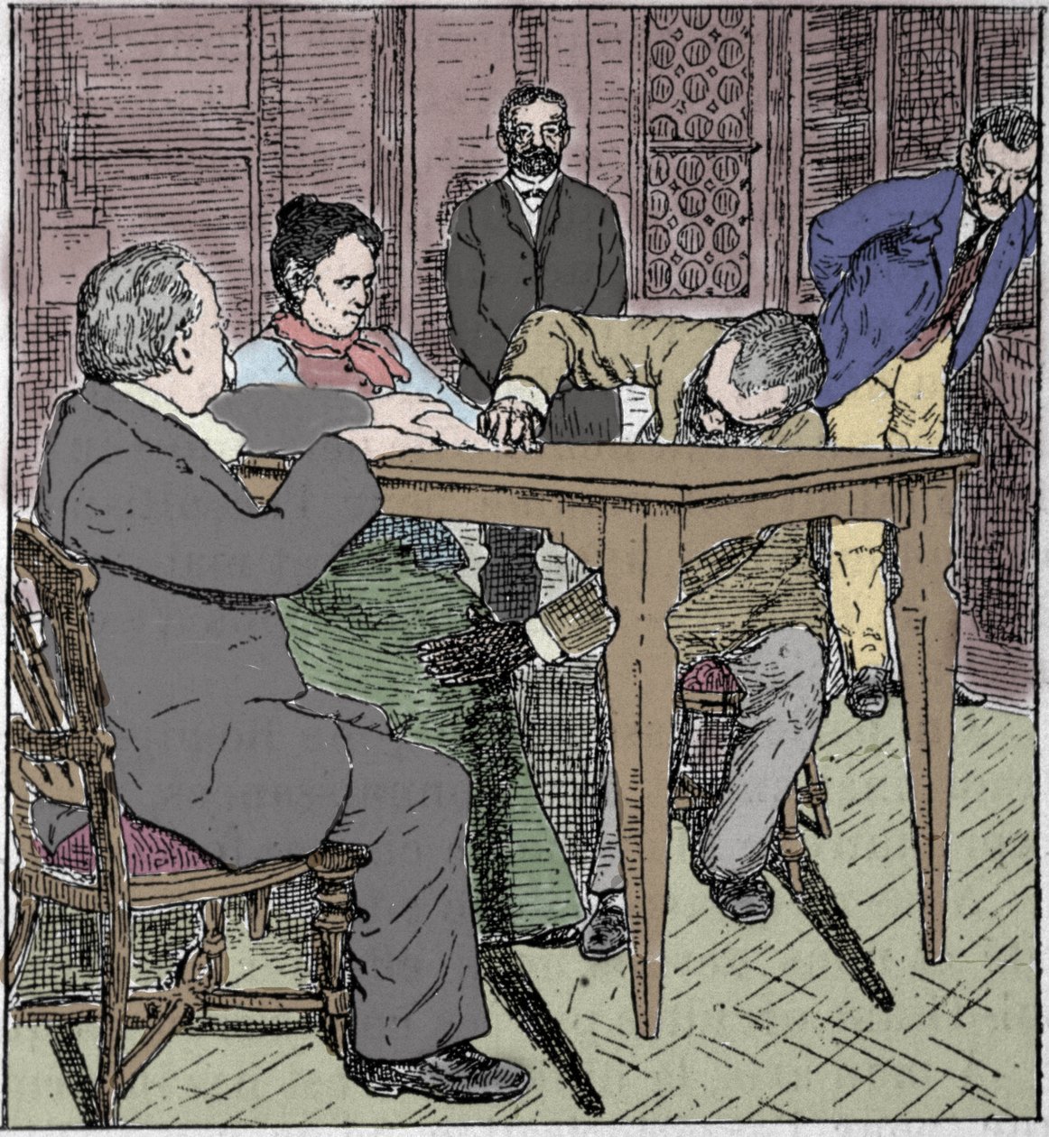 Paranormal phenomena: experience of raising a table in Milan in 1892 in the presence of the medium Eusapia Paladino and Cesare Lombroso (1835-1909) and Charles Richet (1835-1909). by Unknown artist