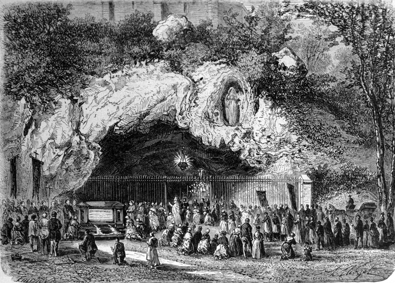 Pilgrims in front of the miraculous cave of Lourdes in the High Pyrenees where the Virgin appeared to Bernadette Soubirous in 1858, present place of pilgrimage. Engraving of the 19th century by Unknown artist