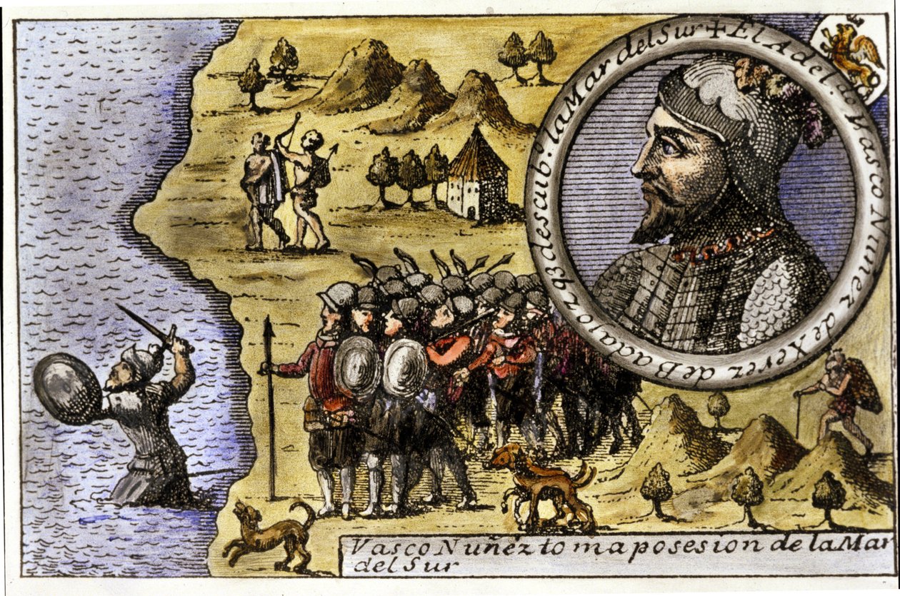 Performance of Vasco Nunez de Balboa, Spanish navigator who was one of the first to discover the Pacific Ocean by crossing the Strait of Darien. Engraving by Unknown artist