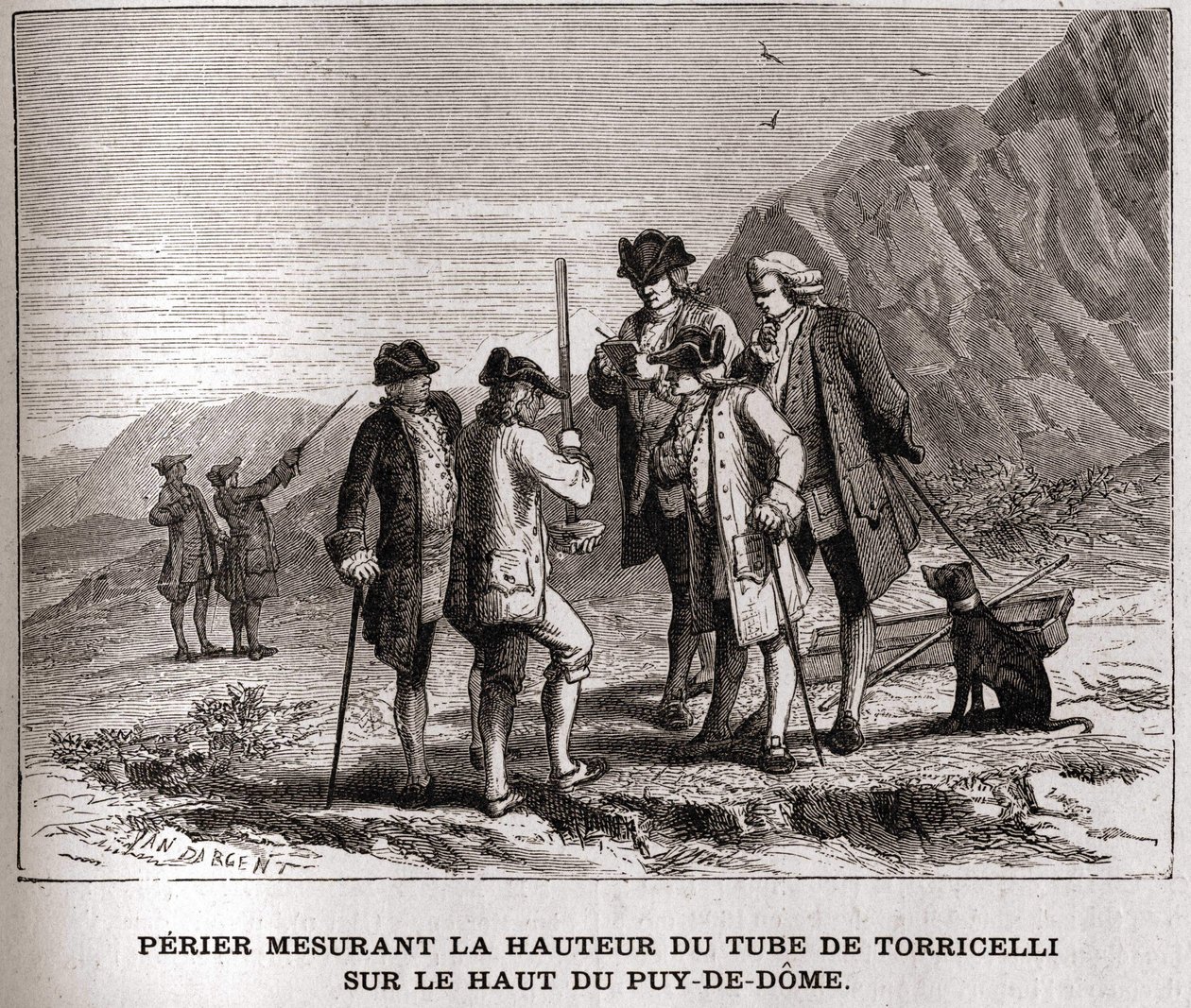 Perier measuring the height of the Barometer by Evangelista Torricelli on the top of the Puy-de-Dôme on September 20, 1618 by Unknown artist