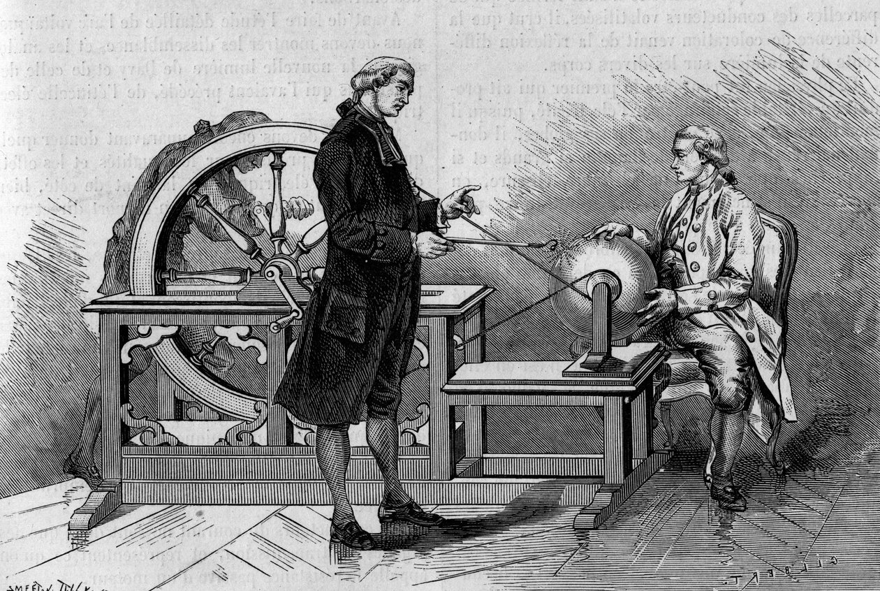 Physics experience in the 18th century: glow produced by an electric machine. (From Abbe Nollet). Engraving in 