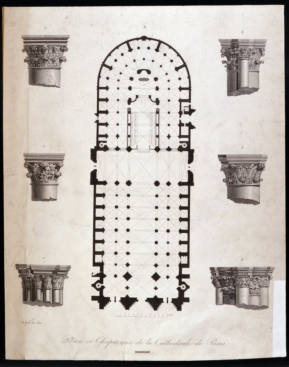 Plan and capitals of the Notre Dame Cathedral in Paris. 19th century by Unknown artist