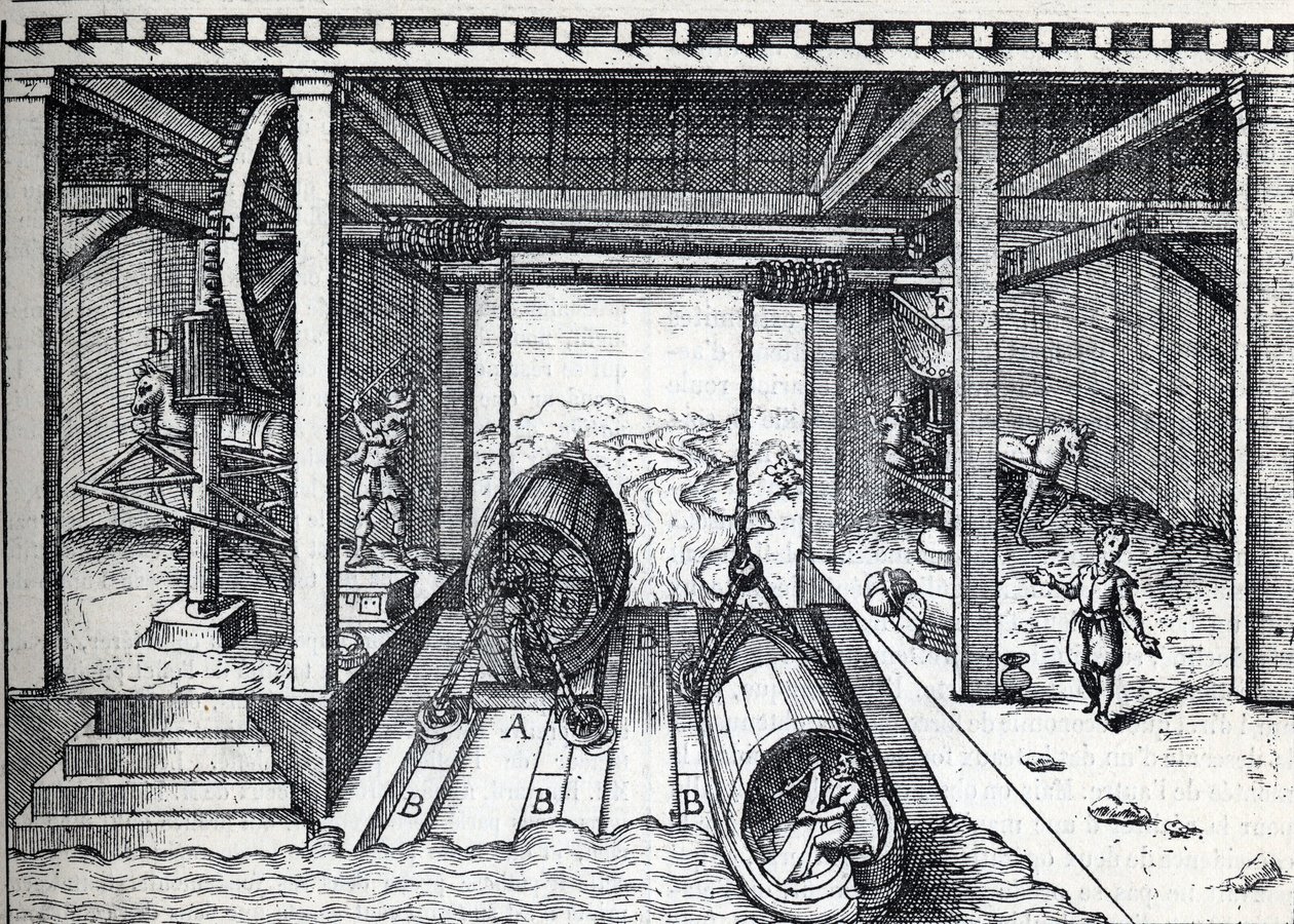Plan incline for boats in the 16th century on the lagoons of the Brenta River in Northern Italy. Engraving in La Nature by Unknown artist