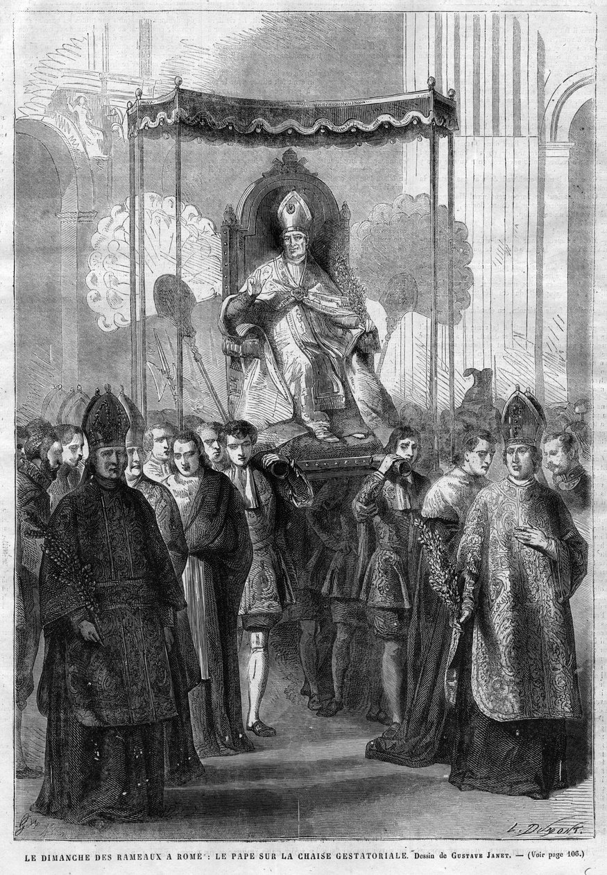 Pope Pius IX on the Sedia Gestatoria - Palm Sunday in Rome: Pope Pius IX on the Gestatorial Chair - Drawing by Gustave Janet - The Illustrative Diary of 1868 by Unknown artist