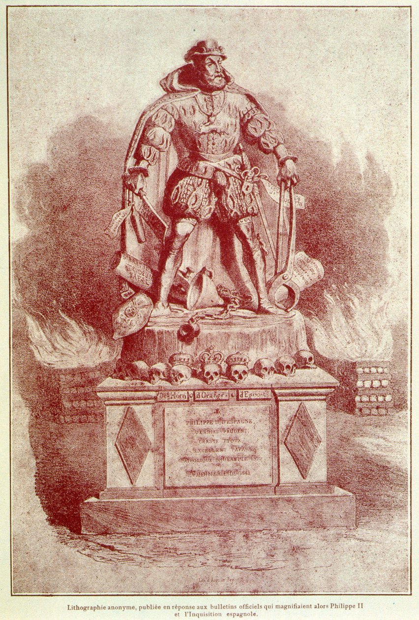 Portrait-Charge of Philip II on the Spanish Inquisition - Engraving by Unknown artist