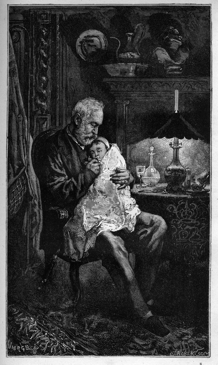 Portrait Of Victor Hugo, Seated With Granddaughter Jeanne - Engraving from 