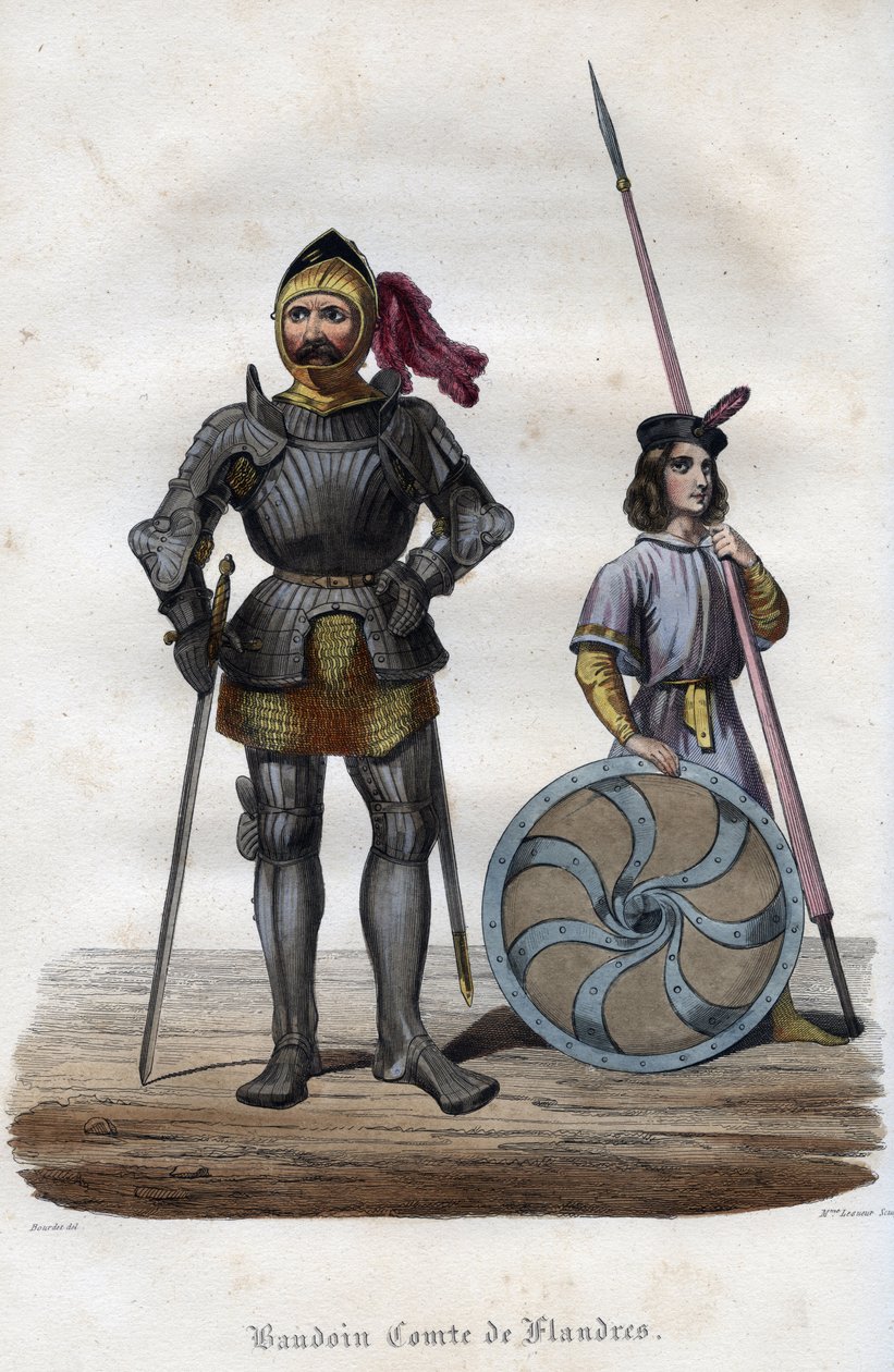 Portrait of Baldwin I, Count of Flanders (830s-879), also known as Baldwin Iron Arm. (Baudouin I, Count of Flanders, also known as the Iron Bras or the Good). Engraving from 1842 in Histoire des popes by Maurice Lachatre. Private collection. by Unknown artist
