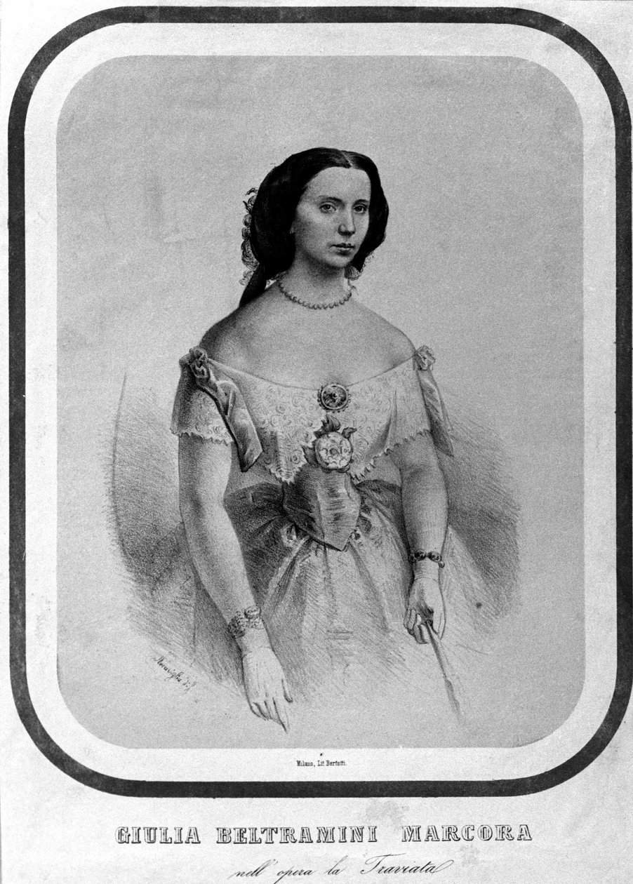 Portrait of Giulia Beltramini Marcora in “La traviata” by Giuseppe Verdi. Lithograph from the end of the 19th century by Unknown artist