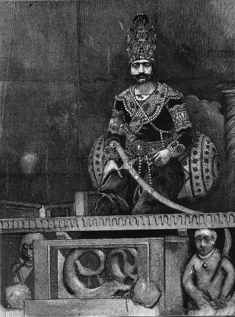 Portrait of Nasir Al-Din (Nasser al Din) (1831-1896) Shah of Persia on his throne. by Unknown artist