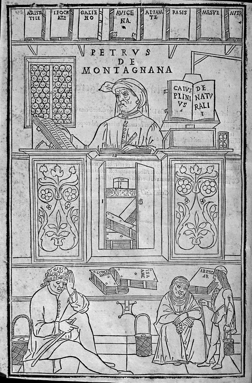 Portrait of Pietro da Montagnana, a Paduan medical teacher surrounded by Greek and Arabic medical books, and three patients waiting to have their urine examined by Unknown artist