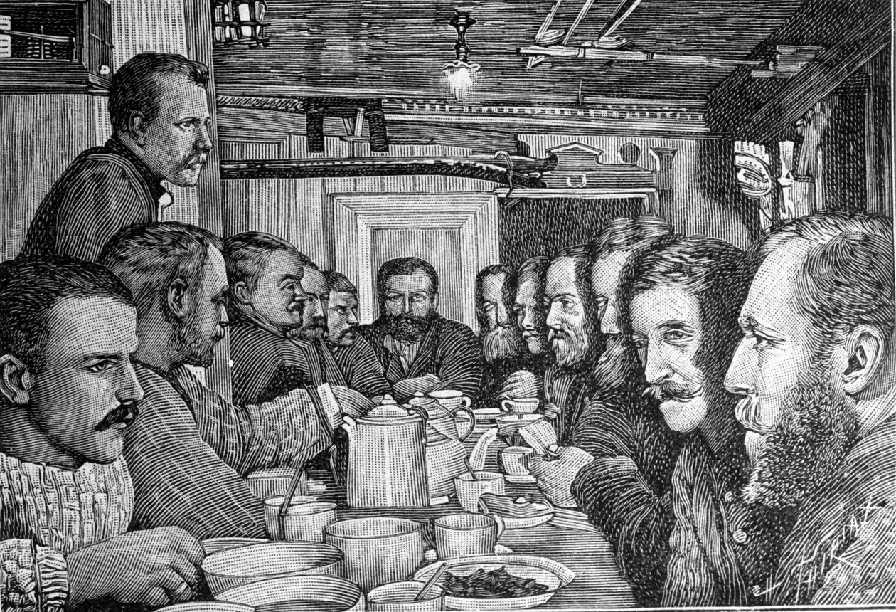 Portrait of the Norwegian explorer Fridtjof Nansen (1861-1930), scientist and diplomat, announcing his plan to approach the North pole to the crew of the ship Fram around 1897. Engraving by Unknown artist