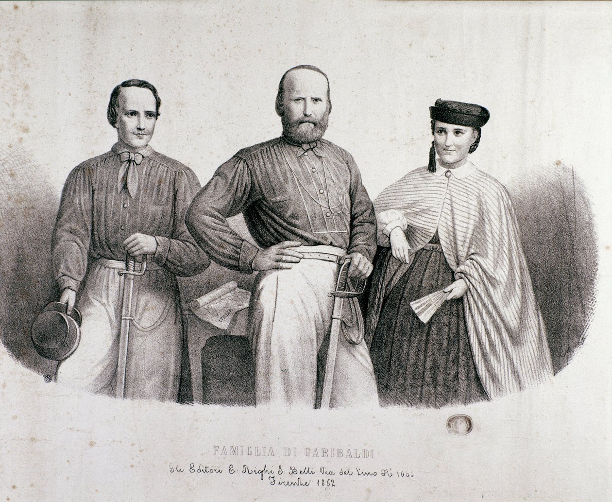 Portrait of the Patriot and Hero of the Risorgimento Giuseppe Garibaldi (1807-1882) with His Daughter Teresita and His Wife Stefano Canzio by Unknown artist