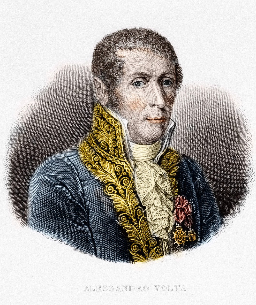 Portrait of Alessandro Volta (1745 - 1827). Italian physicist, inventor of the electric battery. 19th century engraving by Unknown artist