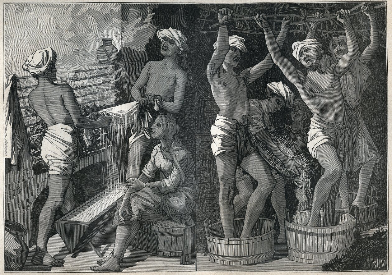Preparation of lacquer in India. Engraving from 1885 in 