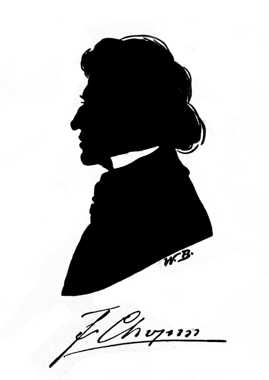 Profile silhouette of the Polish composer Frederic Chopin with autograph. 19th century by Unknown artist
