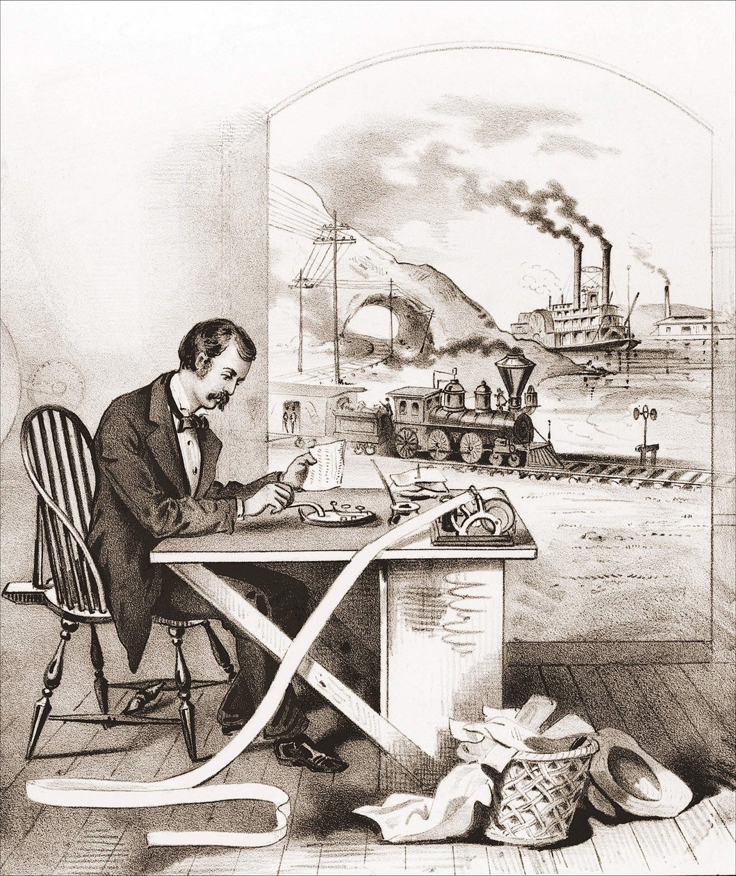 Progress of the Century (19th century): Morse Telegraphy, Dawn Boat, Train, etc. by Unknown artist