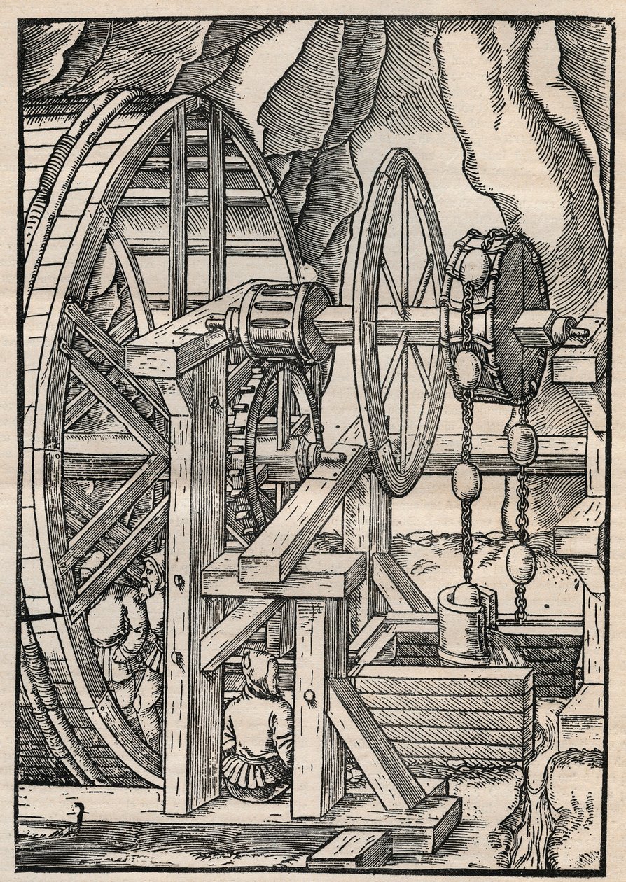 Rag-and-Chain Pump for Draining a Mine Operated by Men in Treadmill. From Agricola