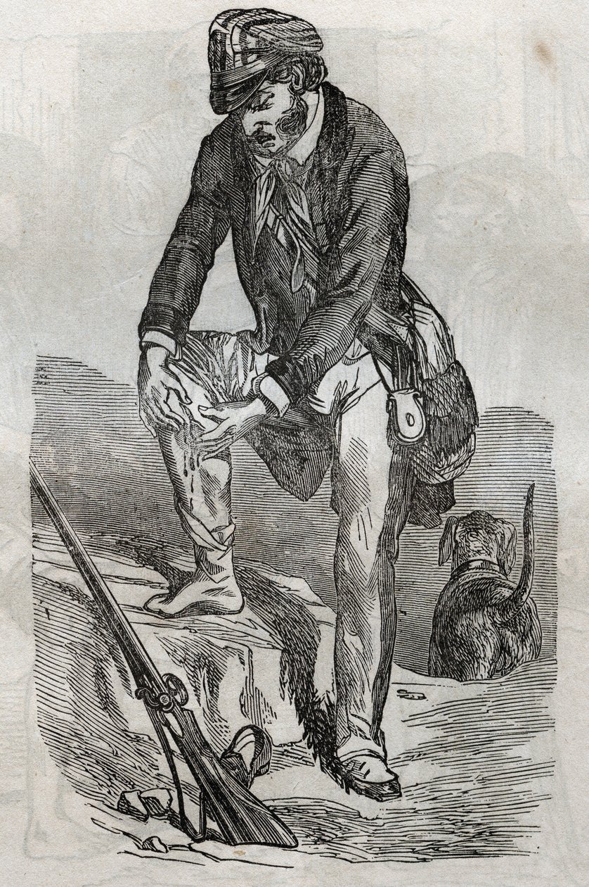 Rage - treatment of bites made by an enraged animal - hurts pressing his wound - engraving in La Sante Universelle - Medical Guide for Families 1852 by Unknown artist