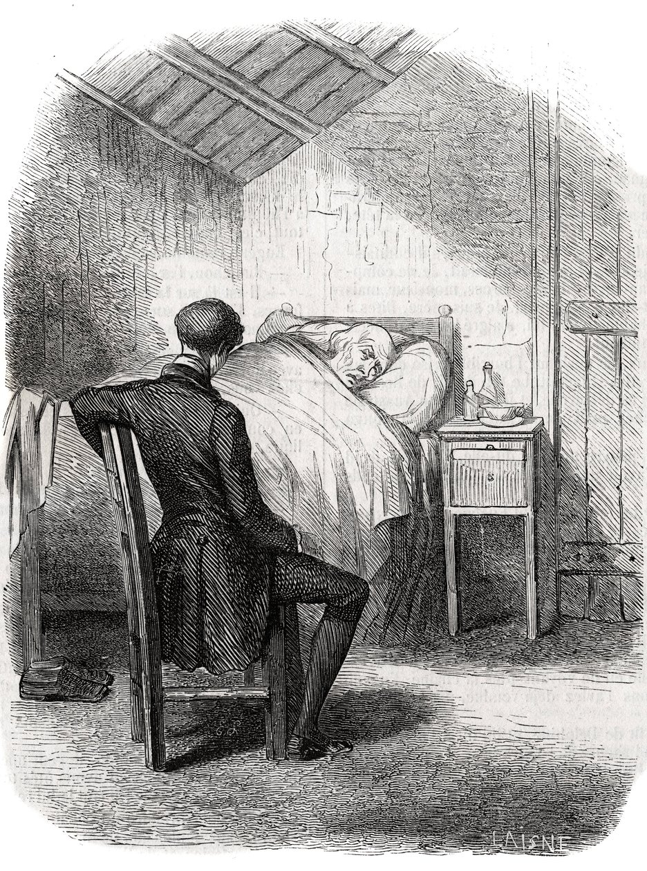 Rastignac remained alone near the old man, sitting at the foot of the bed... Engraving mid 19th century. Illustration for “The Father Goriot” by Honore de Balzac (1799-1850). by Unknown artist