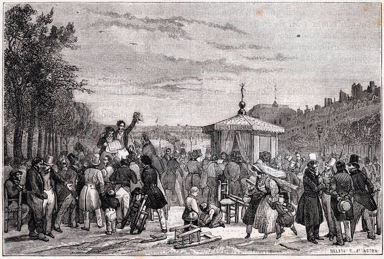 Reading of the Rulings Published in Newspaper Moniteur in the Gardens of Royal Palace in Paris July 26, 1830 During Civil War - Revolution 1830 by Unknown