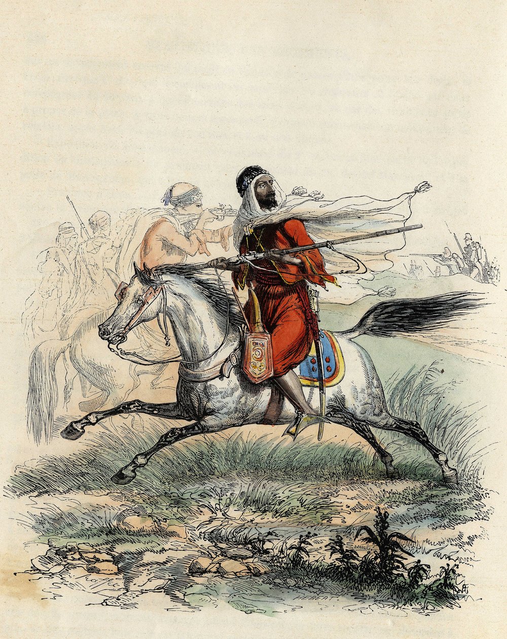 Red horsemen of Emir Abd-el-Kader fled by hunters on horseback of the French army at Oran in 1841, in 