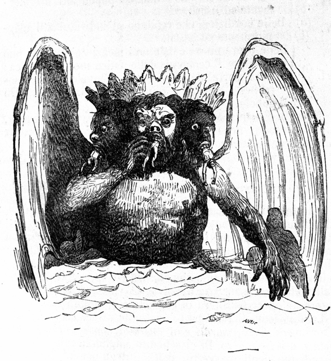 Representation of Lucifer in Dante's Hell devouring the damned