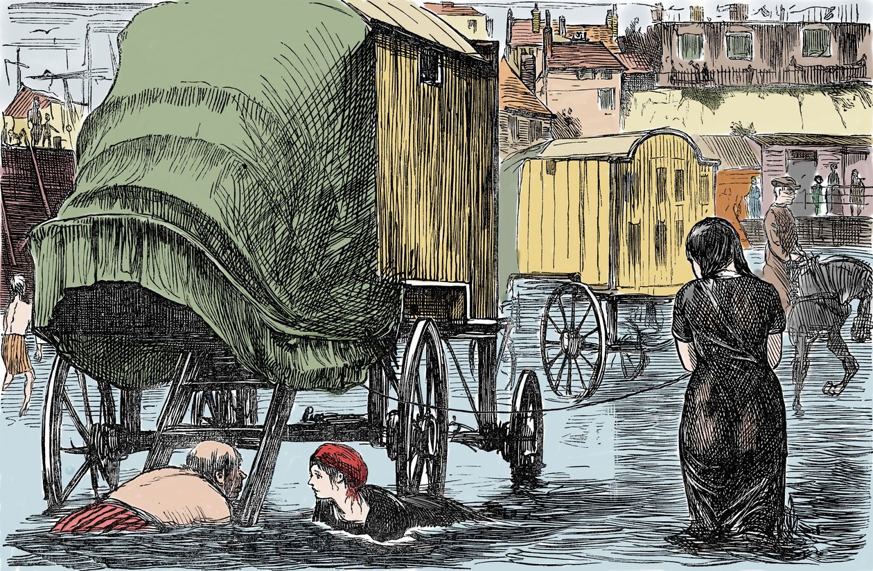 Representation of the bath cabin invented in 1750 by Benjamine Beale: women inside access the sea directly from this horse-drawn wagon. Humorous drawing from Punch Magazine 1870 by Unknown artist