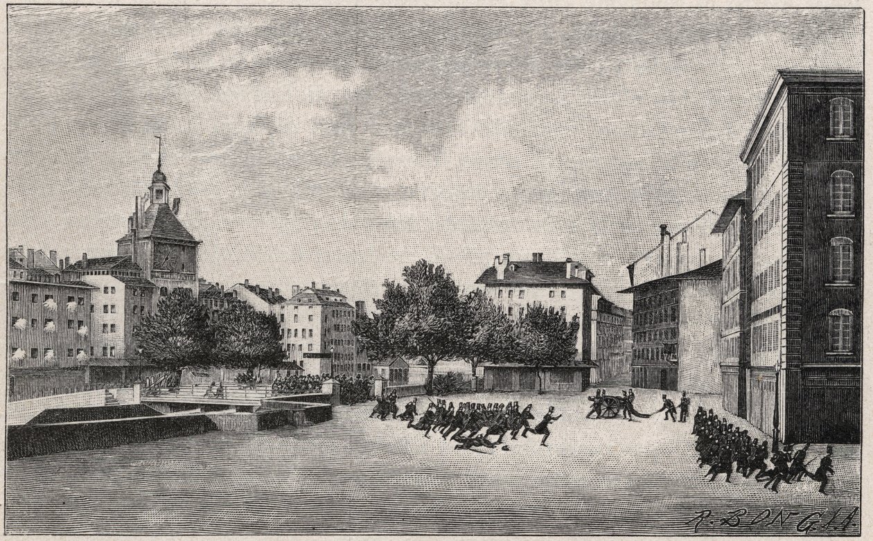 Revolution of Geneva from 7 to 8 October 1846: Defense of St Gervais on 7 October 1846 - View of Place de Bel Air and Ponts-de-l