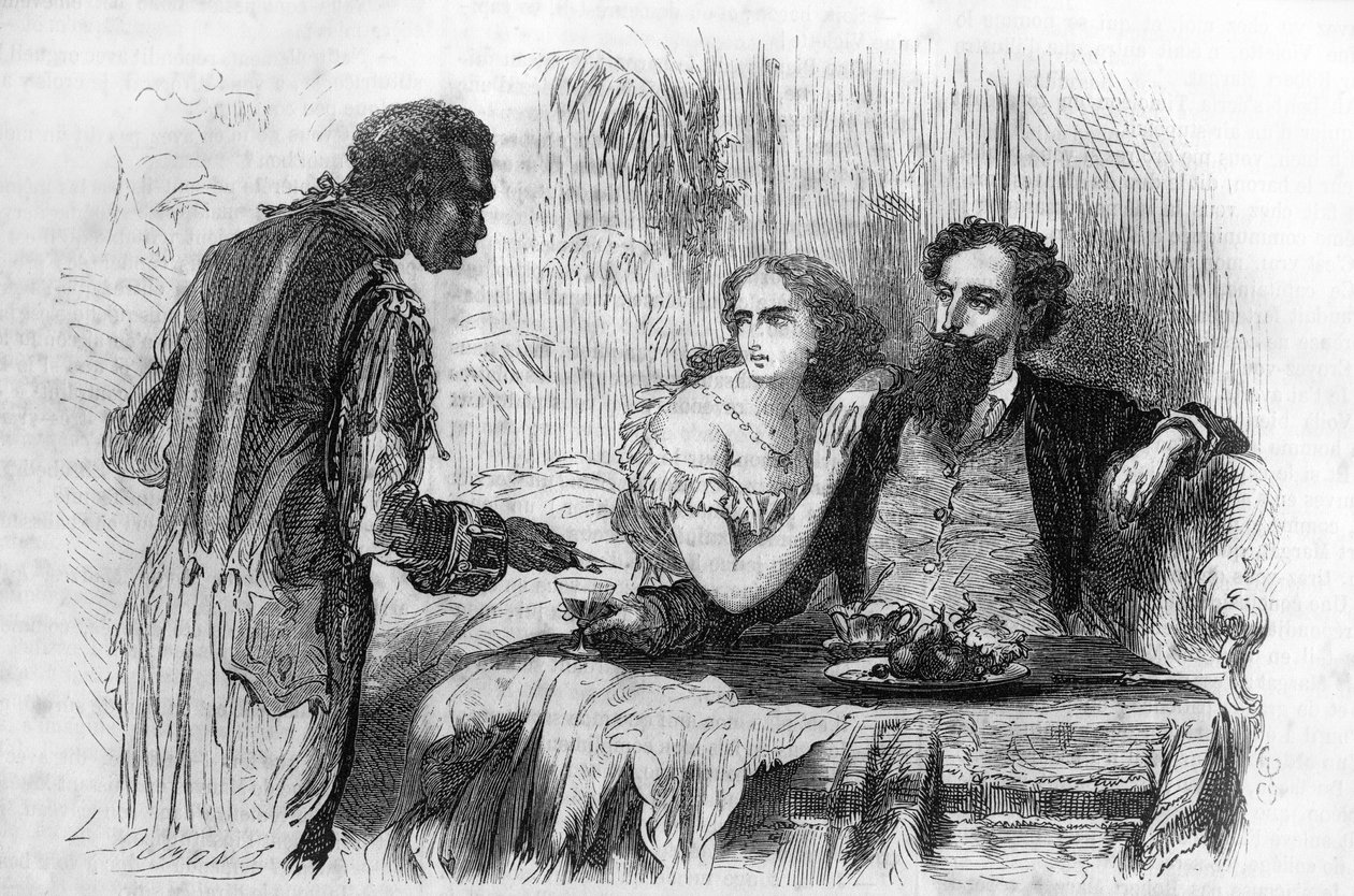 Roman serial: The Puritans of Paris by Paul Bocage. The negre brought Robert the business card. Engraving in Les bons romances by Unknown artist