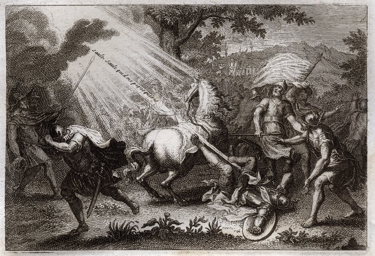 Royaumont Bible, New Testament: Conversion of St. Paul on the way to Damascus. He hears the voice of Jesus Christ who says to him 