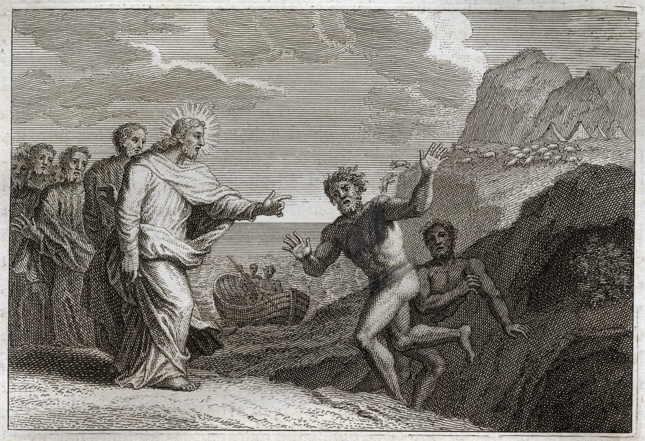 Royaumont Bible, New Testament: Jesus Christ healed a possessed man that the demon made furious. Illustration from 1811 by Unknown artist