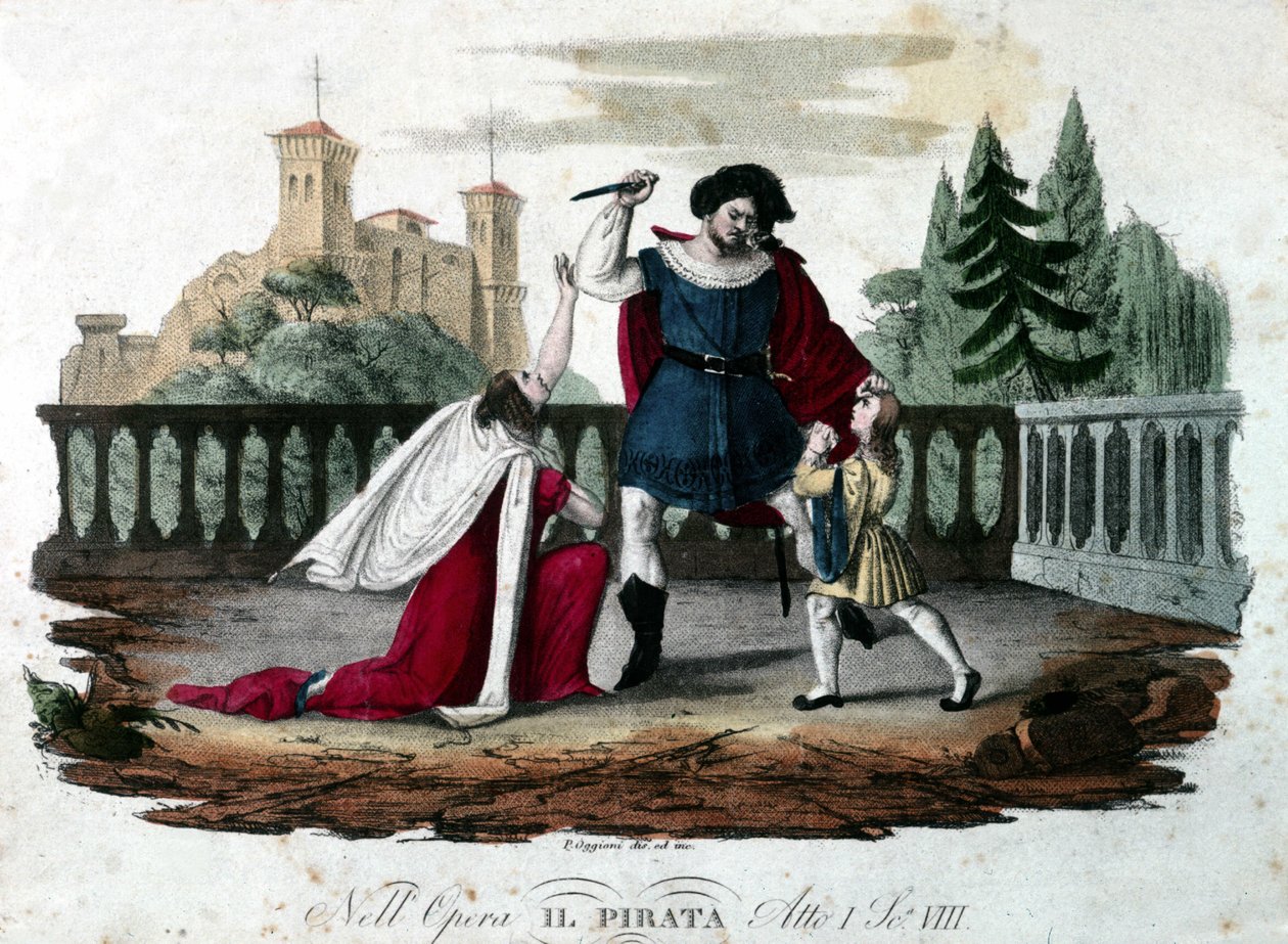 Scene 8 of Act V of “Il pirata” by Vincenzo Bellini. Colored engraving from 1827. First performance at the Teatro alla Scala by Unknown artist