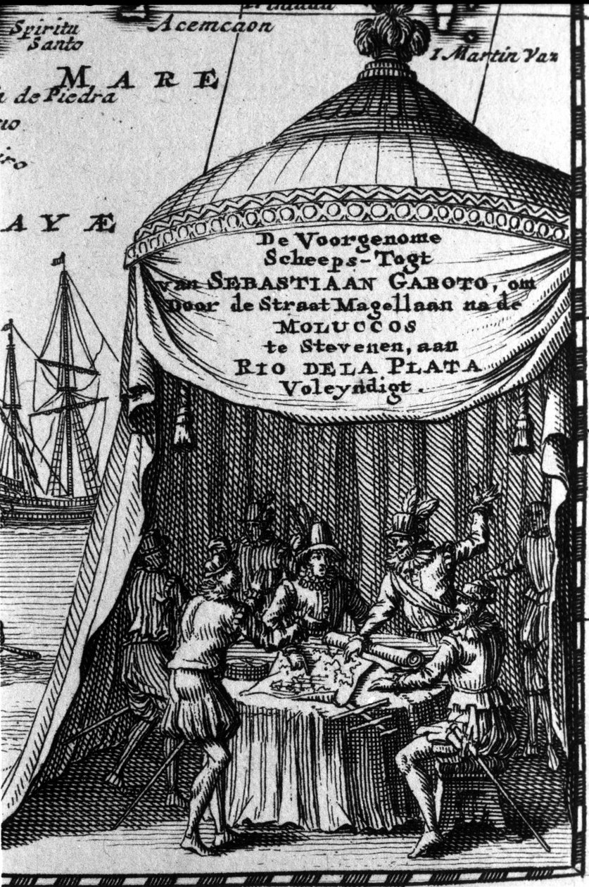 Sebastiano Caboto (Sebastien Cabot) represents on the cartridge of a navigation map with other navigators. The beginning of the 17th century by Unknown artist