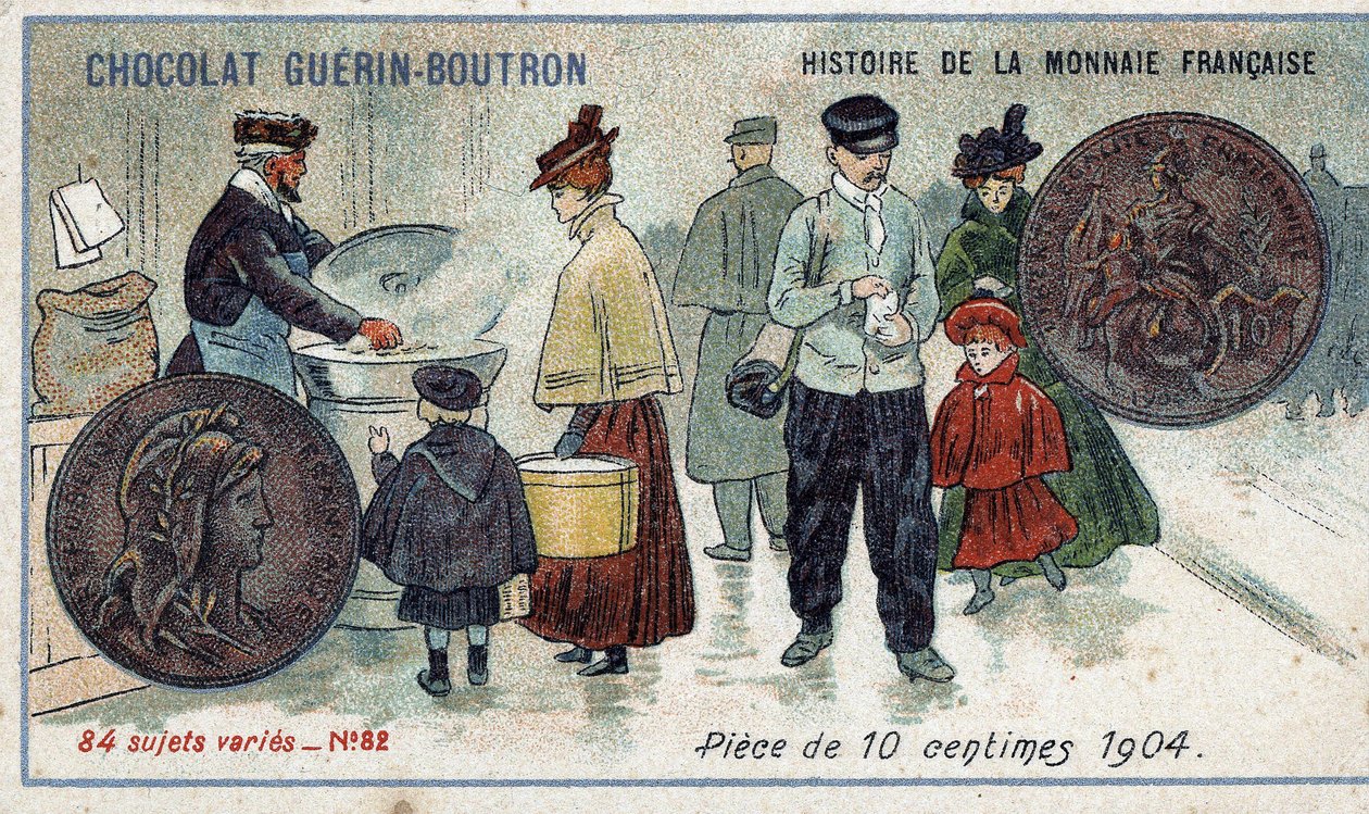 Series Histoire de la Monnaie Française published by Chocolat Guérin Boutron (Chromolithography 19th century). 10 cent coin in 1904 by Unknown artist