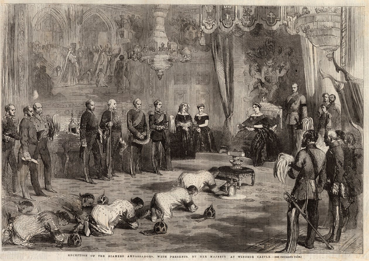 Siam ambassadors crawled to Queen Victoria and Prince Albert during their visit to Windsor Castle. Engraving in 