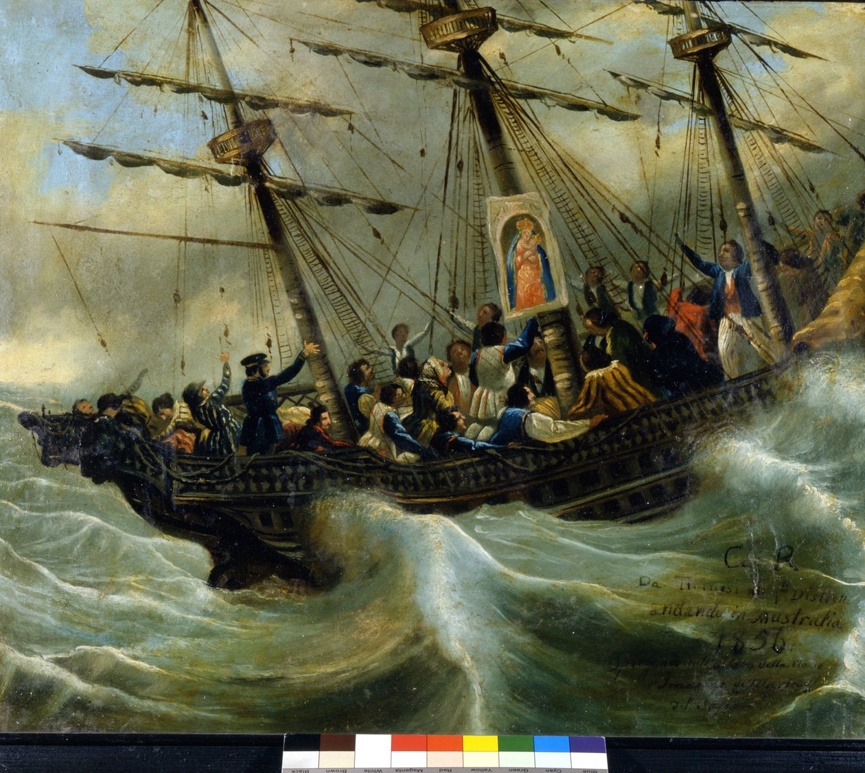 Sinking of a Swiss emigrant ship. Ex voto of 1856 from the sanctuary of the Madonna del Sasso in Locarno. Painting attributed to Giovanni Antonio Vanoni by Unknown artist