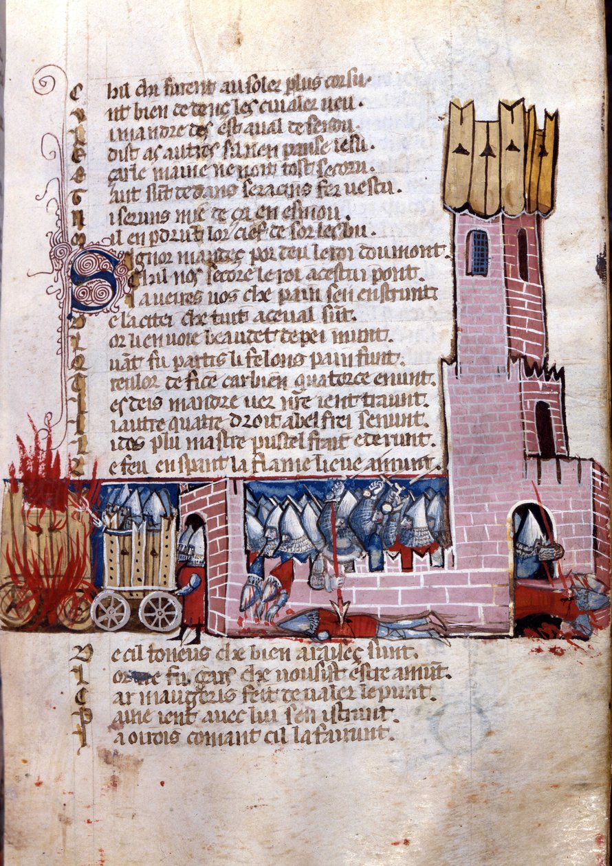 Song of gesture: combat scene near a fortified city (probably the conquest of Spain by the army of Charlemagne). Miniature from the French-Italian manuscript 