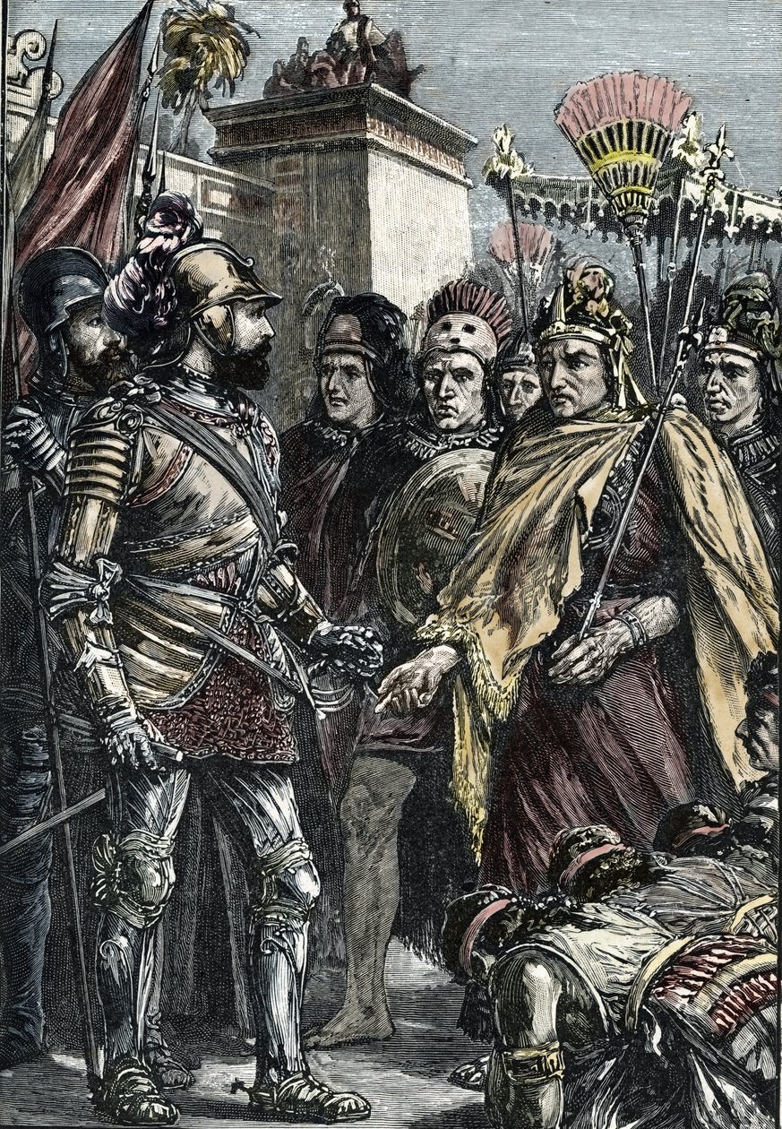 Spanish Conquest of Mexico: meeting between Hernan Cortes and Montezuma II in 1519 by Unknown artist