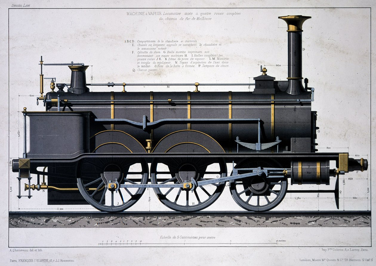 Steam locomotive of the Mulhouse Railway - drawing in the wash by Unknown artist