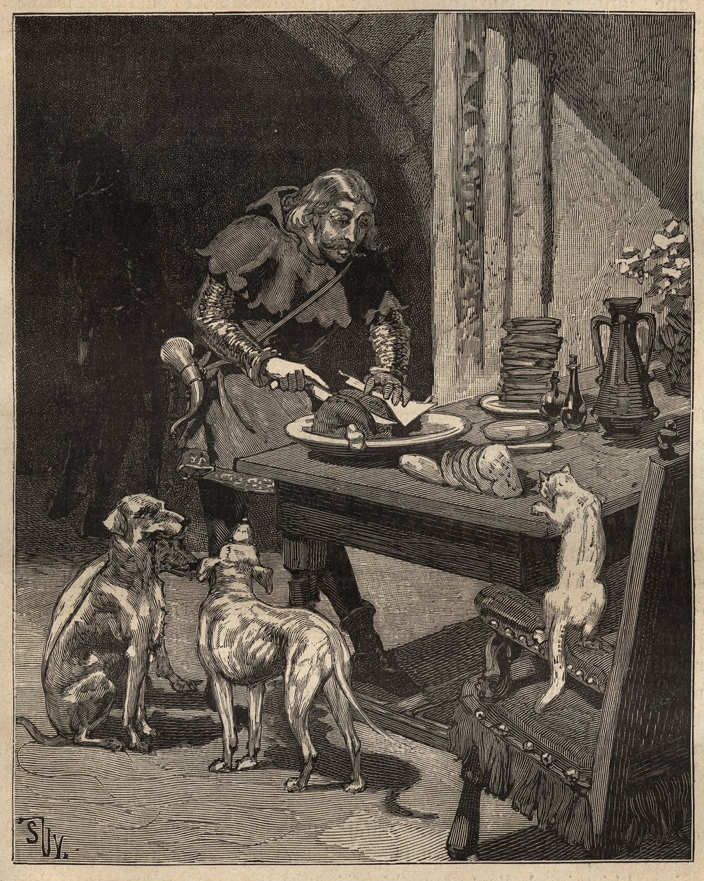 Table art: cuts food before the fork arrives. A man holds the meat with a sheet of paper in one hand and uses his knife in the other. Engraving from 1885 in 