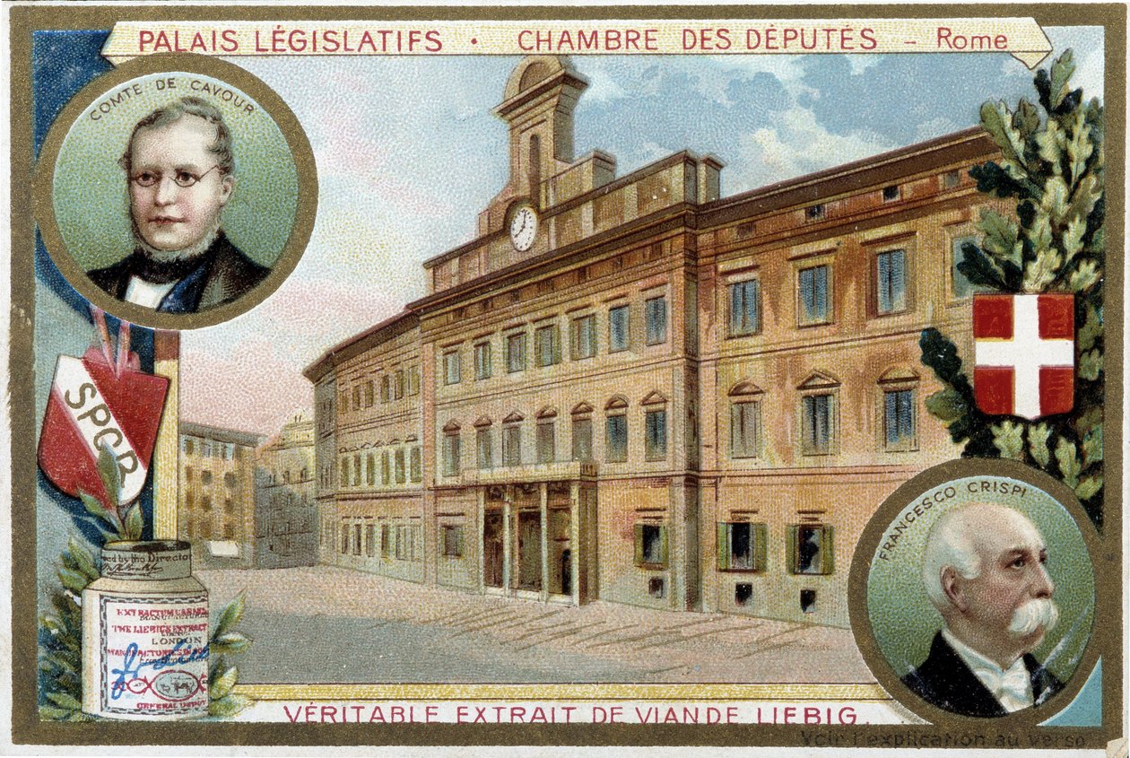 The Chamber of Deputies in Rome (Italy), with Portraits of Count Camillo Benso de Cavour and Francesco Crispi - Liebig Chromolithography by Unknown artist