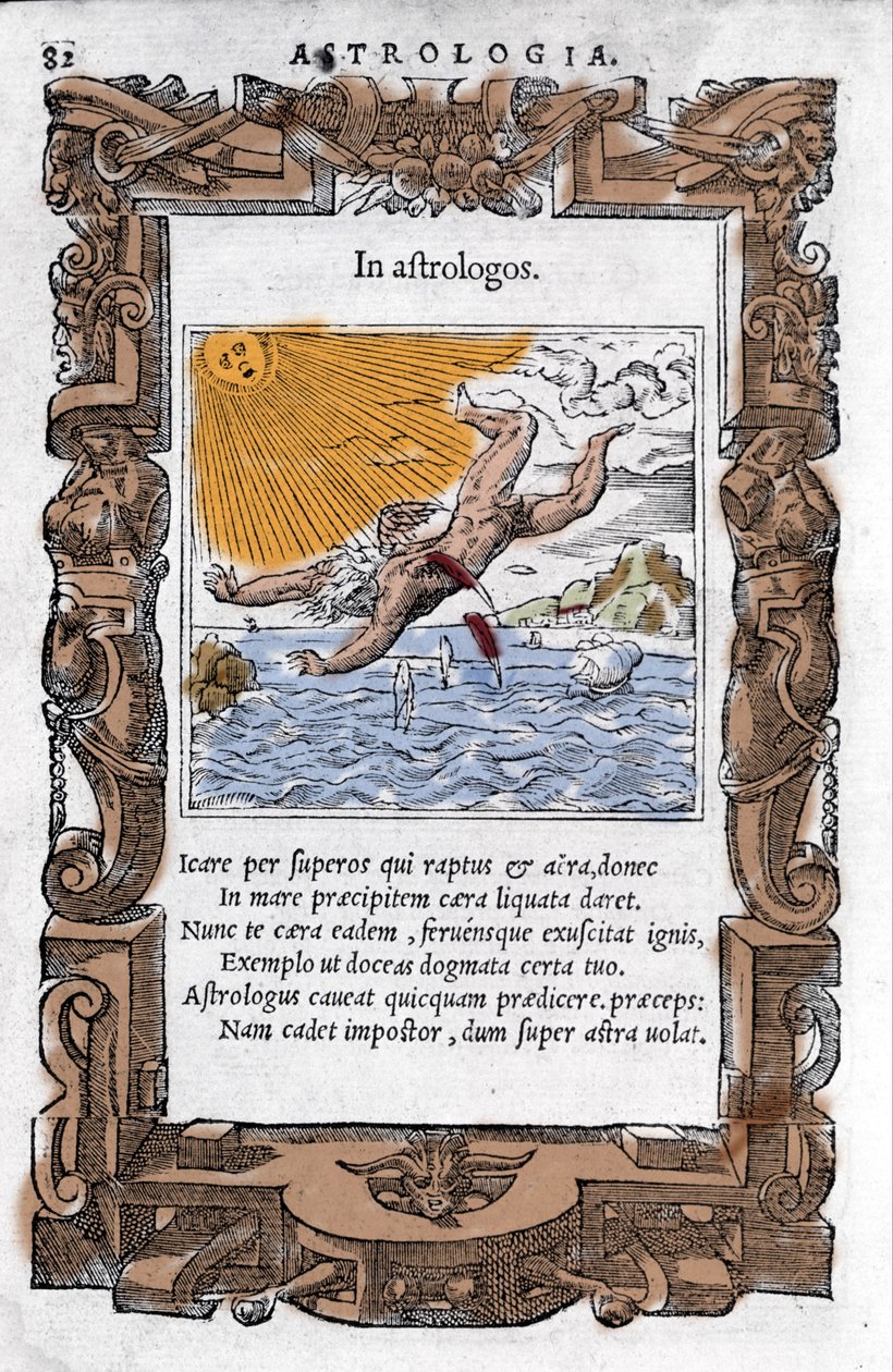 The Fall of Icarus. Colourful Xylography of the 16th century by Unknown artist