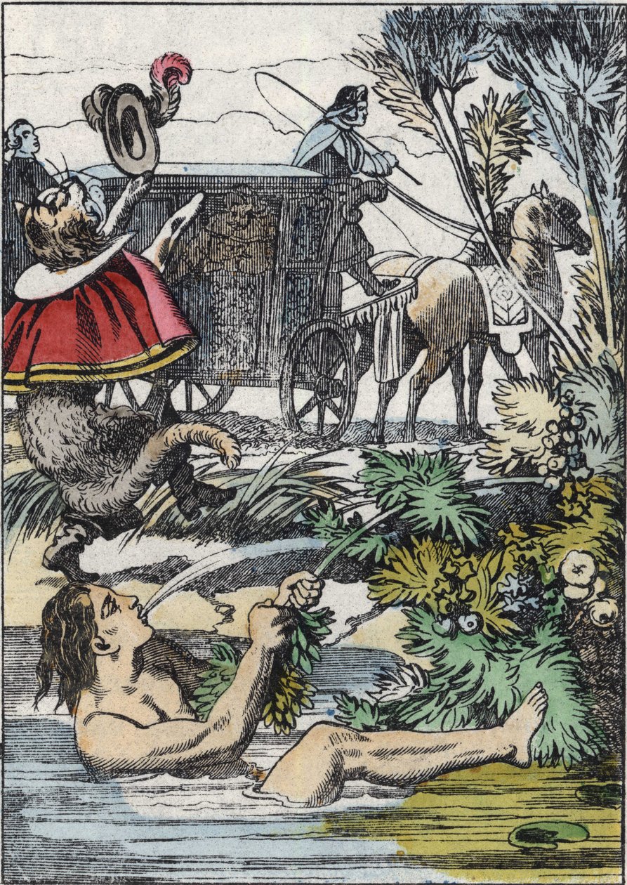 The Marquis de Carabas pretends to drown while the booted cat calls for help. Illustration of the tale 