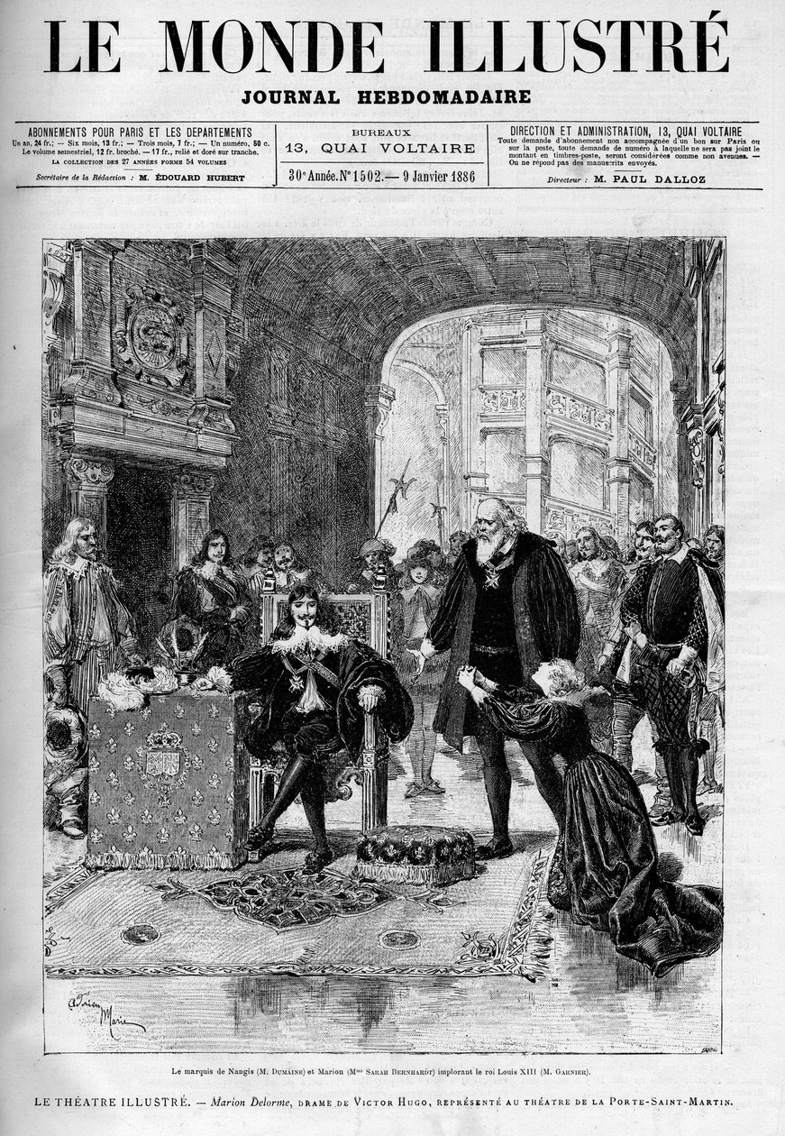 The Marquis de Nangis (interpreted by Dumaine) and Marion (by Sarah Bernhardt) imploring King Louis XIII (Garnier). Theatre piece 
