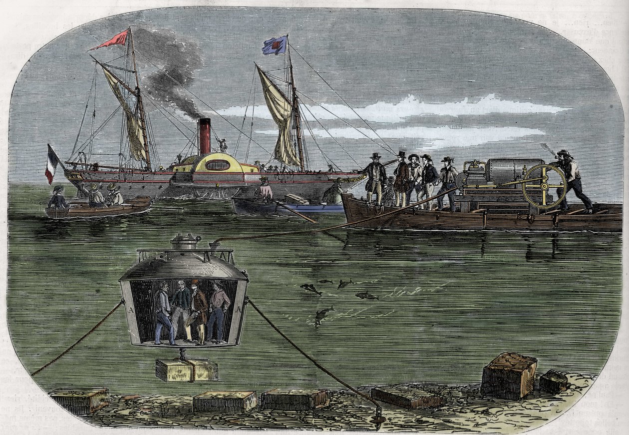 The Nautilus diver bell of Dr. Antoine Prosper Payerne experimented in the Seine, Paris, and then perfected in the United States. Engraving (1858) in Le Monde illustrious by Unknown artist